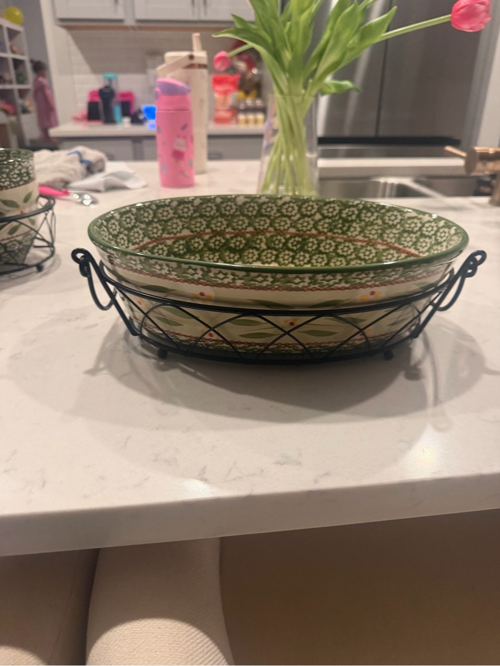 Hand-Painted Green Ceramic Serving Bowl with Wire Basket